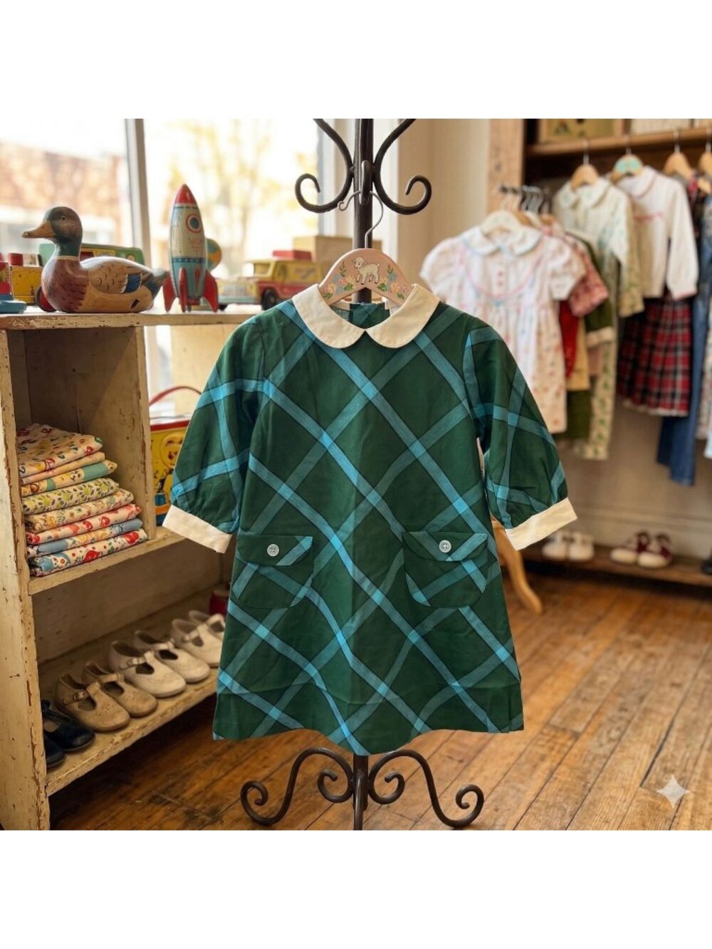 Vintage 70s Cinderella Blue Green Plaid Mod Shift Dress Girls Size 8 10 Cotton